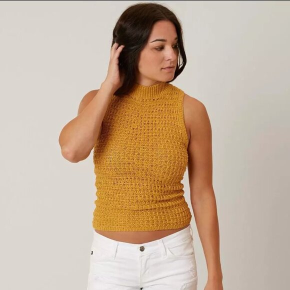 Golden Yellow Knit Sleeveless Top / Turtle Neck / Crochet / Open Knit Sweater - Picture 1 of 8